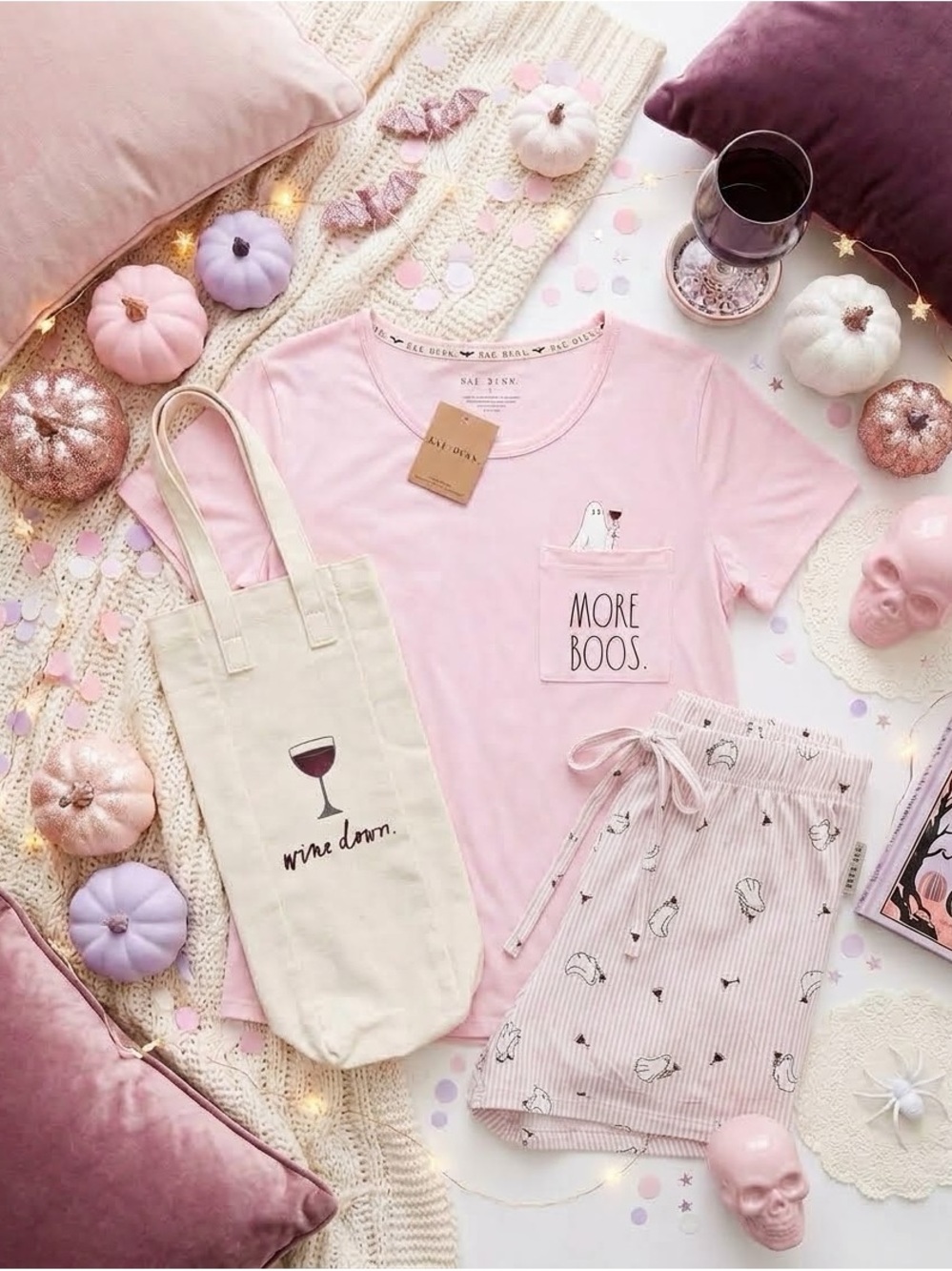 Rae Dunn Pink 'More Boos.' Pocket Pajama Set with Striped Ghost Shorts